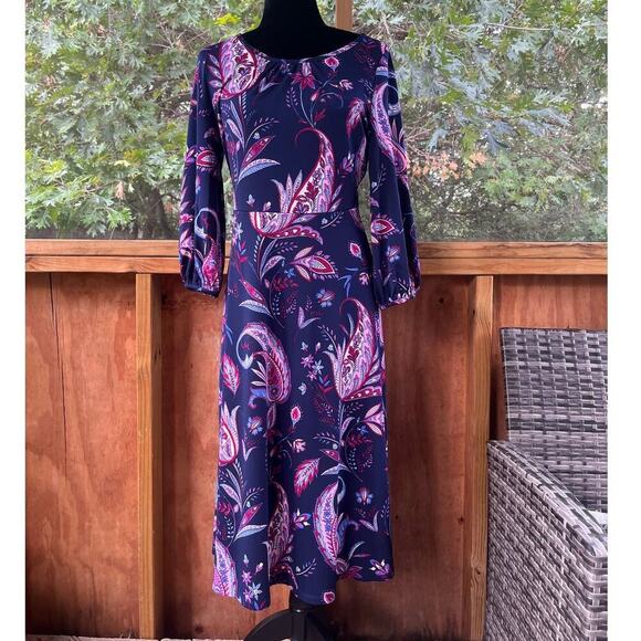 Talbots Navy And Purple Floral Paisley Knee Length Dress Size 4 - Picture 1 of 10